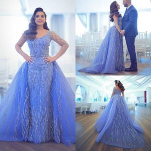 2020 Arabic Evening Dresses With Detachable Train V Neck Lace Appliques Beading Long Sleeve Sheath Prom Dress Party Plus Size Women Gow 256S