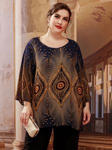 5XL Plus Size Top Summer Long Sleeve Retro Printing Vintage Blouse Tee Shirt Loose Oversized Ladies Clothing 240510
