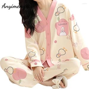 Moda -sono feminina de pato fofo impressão de outono inverno quimono lapela woman pijamas conjunto elegante lady kawaii pijamas meninas lazer loungewear pjs