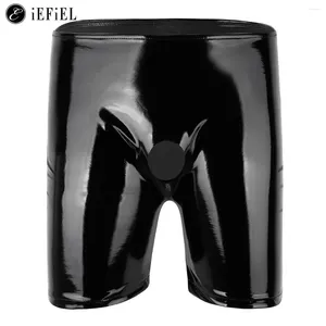 Underpants Mens Wet Look Faux Leather Hollow Out Boxer Shorts Latex Tight Pants Underwear Lingerie Nightclub