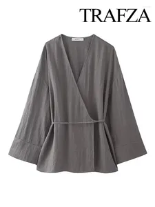 Bluzki damskie Trafza Women Elegancki szary w stylu kimono luźna koszula