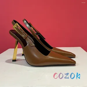 Sandali Elegante pelle marrone punta Slingback della punta con fibbia tacchi alti tacchi da donna scarpe da tacco in metallo a triangolo