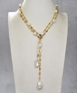 مجوهرات Guaiguai مستنبتة أبيض Keshi Pearl Rectanle Cz Pave Stain Necklace 50quot Long Necklace Handmade for Women Gems st5943177