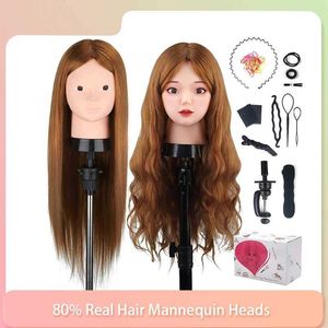 Mannequin Heads 80% Modelo de cabelo humano real Cabeça para treinamento Solo barbeiro de 60 cm de tecelagem e maquiagem q240510