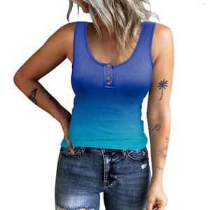 Women's T Shirts Fashion Summer Color-Blocking Gradient Tie-Dye Button Sleeveless Loose Tank Tops Youthful Woman Clothes Clothing