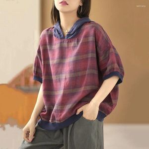 Kvinnors T-skjortor Summer Ethnic Style Vintage Plaid Printing Loose Casual Fashion Hooded T-shirt Kort ärm Pullover Top Female Clothes