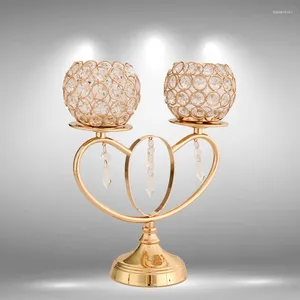 Ljushållare guldmetall 2 armar ljusstake kristall romantisk för fest bröllop dekoration hem tedljus hållare ornament