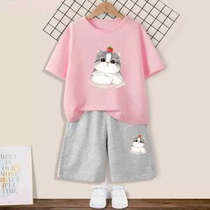 Conjuntos de roupas 2024 CARTO DE CATOON CAT MENINA CONJUNTO DE MANEIRA CRIANÇA EM MANHA CHURS E MANEIRA DE MANEIRA CURTA 2PCS/Set Birthday Party Setl2405