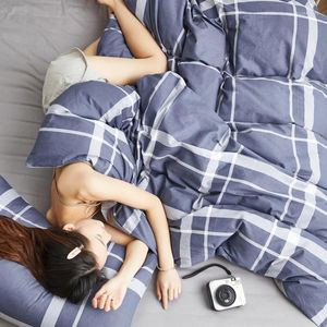 Sängkläder sätter blå gitter tryckt sängöverdrag set ren bomullsdäck vuxna barnark och örngott