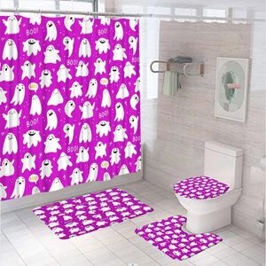 Cortinas de chuveiro Fantas -cutumas de cortina roxa engraçada Conjuntos de banheiro de Halloween capacho assustador banheira tapete de banheira não deslizante tampa de tampa do banheiro de tapete