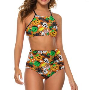 Menas de banho feminina Halloween Spooky Bikini Swimsuites fofos de abóbora de cintura alta Bikinis clássicos sexy Confir