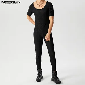 Herrbyxor incerun sexig stil bodysuits flash tyg mesh perspektiv design jumpsuits casual stora u-hals kort ärm rompers s-5xl