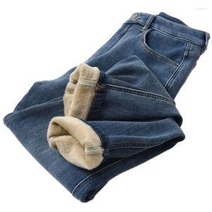 Kvinnors jeans 2024Add fluff kvinnor höst vinter överdimensionerad förtjockar fleece denim raka byxor lösa varma slacks byxor kvinnliga