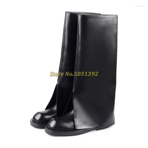 BOTAS 2024 O outono do inverno vire sobre o couro branco preto redondo de joelho de joelheira altura feminina com deslizamento em sapatos de vestido