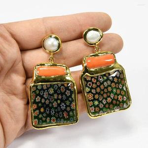 Серьги из свинья Guaiguai Jewelry Big Green Green Murano Glass Crystal Orange Coral ветвь желтый золото, полученные жемчужина