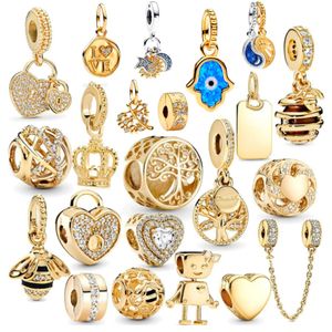 925 Sterling Silber Fit Pandoras Charms Armband Perlen Charm Gold Color Family Tree Heart Crown Anhänger