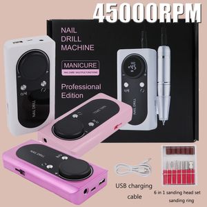 45000 rpm USB uppladdningsbar nagelborrmanikyrmaskin Professionell gelpolering Remover Set Art Low Voice 240509