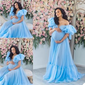 Blue Ruffle Plus Size Schwangere Damen Mutterschaft Nachthemd Nachthemd für Photoshooting Dessous Bademantel Nachtwäsche Babypheor 255p