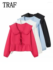 Blouses feminina Blusa elegante Lace Up Up Camisa Camisa Chic Bow Puff Sleeve feminino 2024 Primavera Summer Casual Streetwear Top