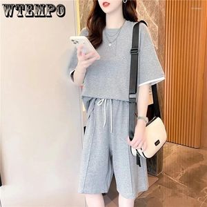 Women's Tracksuits Casual Sports Set Loose Short Sleeved T-shirt Drawstring Shorts Two Piece Grey Cotton Material Summer