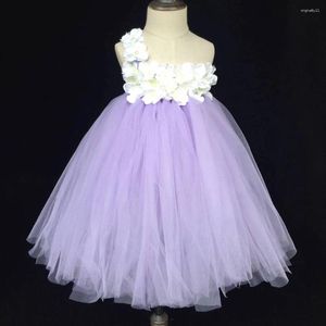 Mädchenkleider süße Mädchen Lavendel Tutu Kleid Baby flauschiger Tüll langen Ballkleid mit weißer Blume und Stirnband Kinder Hochzeitsfeier