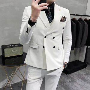 Men's Suits Blazers Fashion Men Double Breasted Plaid Suit Coat Pants 2 Pcs Set / Male Slim Fit Business Wedding Blazers Jacket Trousers #24
