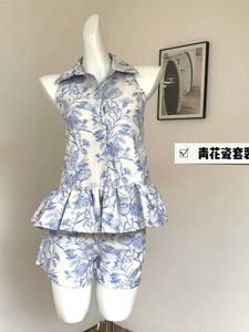 Two Piece Dress Summer Women Old Money Chinese Vintage Mori Outfits 2 Shorts Set Luxury Aesthetic Vest + Classical Elastic Waist Q240511