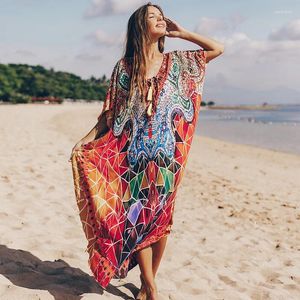 Napella a V stampato a V floreale Sumba Kaftan Summer Vintage Long Dress Long Robe Boho Beach Wear Bikini Copertura per Women Tunic