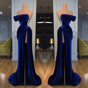 2022 Królewskie Blue Off-the-ramię długie suknie wieczorowe balowe aksamitne sukienki balowe z podziałem BC11436 B0613G12 240p