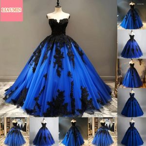 Party Dresses Blue and Black Lace Applique Strapless Ball Clown Up Back Full Length Evening Formal Prom Dress Hand Made Custom W9-8