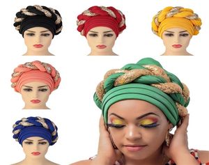 Avvolgimento arabo per sciarpa musulmana hijabs turbanti africano headtie paillettes cappello intrecciata per donne accessori per capelli headwrap beanie pieghettate 2207254702579