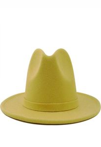 Homens de luxo Mulheres largas lã de lã Felta jazz fedora hats britânico estilo trilby festa formal boné preto amarelo vestido chapéu 565867374945