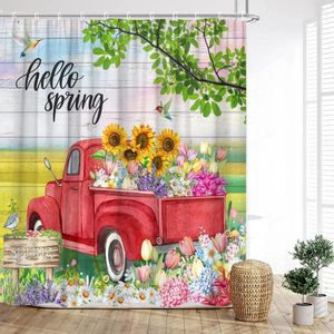 Shower Curtains Spring Curtain Watercolor Floral Plant Farm Sunflower Dandelion Truck Rustic Plank Butterfly Polyester Bathroom Decor Set