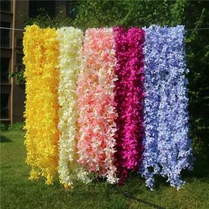 Flores Wisteria decorativa de 170 cm de comprimento artificial lilás videira de seda flores de arco decoração folhas penduradas guirlanda verde 0117