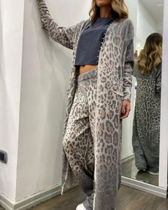 Hemkläder leopard tryck kvinnors loungewear cardigan set långärmad knäppad kappa raka ben byxor sömnkläder casual pyjama 2 bit