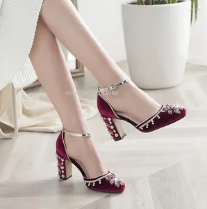 Dress Shoes String Bead Crystal Chunky Heel Pumps Women Purple Velvet Rhinestone Jewelry Wedding Lady Design Single