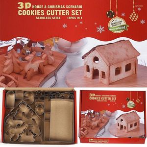 Bakning formar 18st 3D Pepparkakor hus rostfritt stål julscenario kakor skär set biscuit mögel fondant cutter verktyg
