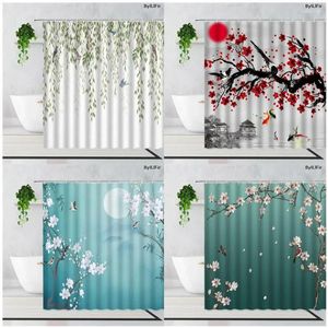 Shower Curtains Flowers Birds Curtain Set Ink Plum Blossom Carp Plant Asian Chinese Bath Modern Fabric Bathroom Decor With Hooks