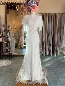 Real Image Short Sleeve 3D Flowers Mermaid Wedding Dresses Illusion High Neck Appliques Lace Boho Bridal Gowns