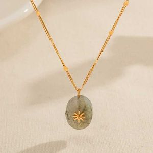 Pendant Necklaces Minar New Grey Color Oval Natural Stone Pendant Necklaces for Women 18K Gold PVD Plated Titanium Steel Waterproof Chokers