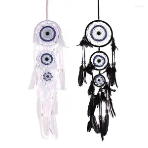 Decorative Figurines Y1UB Handwoven Blue Eye Dream Catchers Wind Chimes 3 Rings Feather Pendant For Car Wall Home Bedroom Nursery Decoration