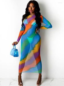 Повседневные платья многоцветные полосатые припечатки прозрачные бодикон макси-платье Женская летняя одежда с длинным рукавом. Ночной клуб вечеринка
