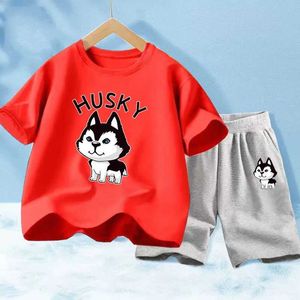 衣類セット新しい夏の男の子の服セット子供衣類漫画ハスキードッグTシャツショーツ2pcs/set childrens clashion Childrens Athletic Clothingl2405