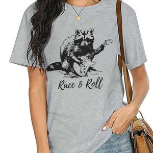 Women's T-Shirt Racc Roll Funny T-Shirts Women Cute Raccoon Guitar Printed Tshirts Unisex Casual Short Slve Humor Graphic Ts Music Shirt T240510