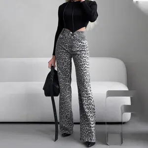 Calça feminina de ponta de leopardo de ponta de leopardo edição estreita jeans women primavera 2024 waist
