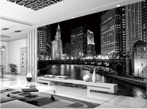 黒と白のシティナイト壁画壁画3D壁紙テレビバックドロップのための3D壁紙5126266