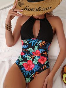 Kvinnors badkläder plus storlek Boho baddräkt Tropiskt tryck Keyhole Halterneck One Piece Bathing Suit Tankini Beach Holiday Clothing SP