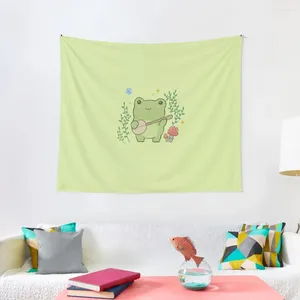 Tapestries Cute Kawaii Frog Playing Banjo - Toad Plant Fungi Blue Butterfly Cottagecore Aesthetic Mushroom Chubby Phrog Tapestry