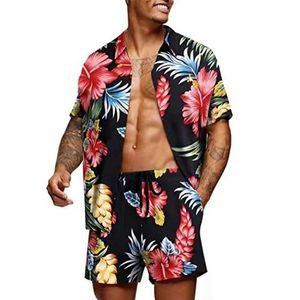 Herrspåriga blommiga 2st skjortor passar män mode skjortor+shorts 3d tvåstycken uppsättningar hawaii strandskjorta pojke yrkesutrustning q240501010