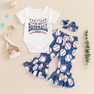 Kleidungssets Baby Girl Baseball -Outfit Brief Druck kurz Ärmel Strampler Flare Hosen Stirnband Kleinkind Sommerset